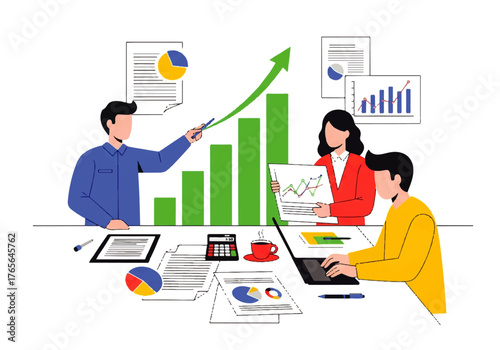 Dynamic teamwork driving impressive business growth with insightful data analysis and collaborative strategy in a modern, bright office environment