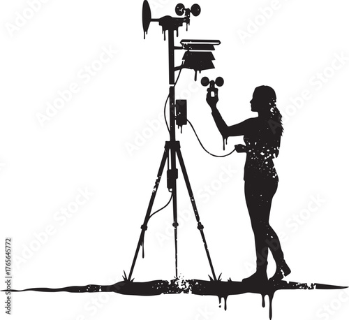 Silhouette of a researcher monitoring weather data using an anem