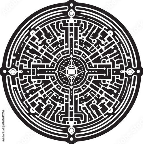 Intricate Black and White Circular Maze Design with Geometric Pa