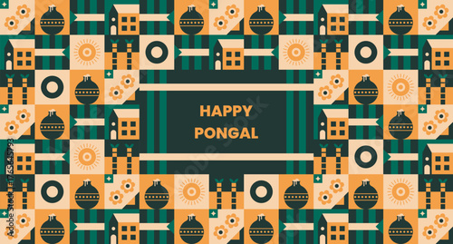 Happy Pongal Festive Greeting Card with Geometric Motifs