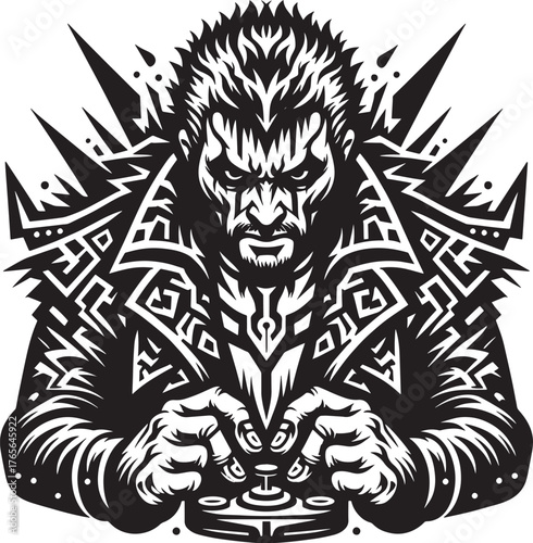 Intense monochrome illustration of a determined gamer engrossed