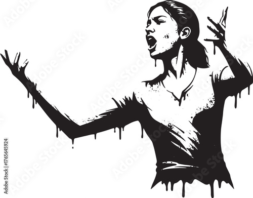 Expressive monochrome illustration of a woman in passionate decl