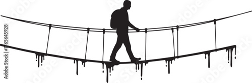 Silhouette of a courageous man with backpack crossing a dangerou