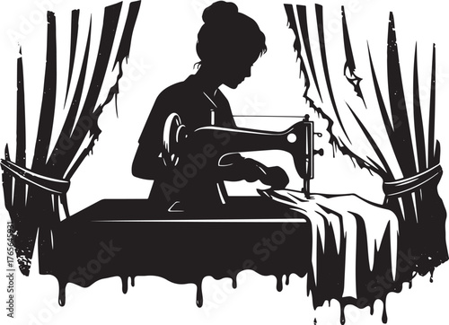 Monochrome depiction of woman sewing with vintage machine in fro