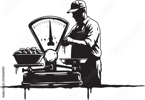 Monochrome depiction of a man weighing produce on a vintage scal
