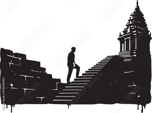 Silhouetted figure ascends ancient stone stairs towards a toweri