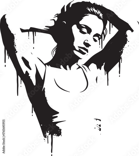 Monochrome stylized silhouette of a woman stretching her arms ov