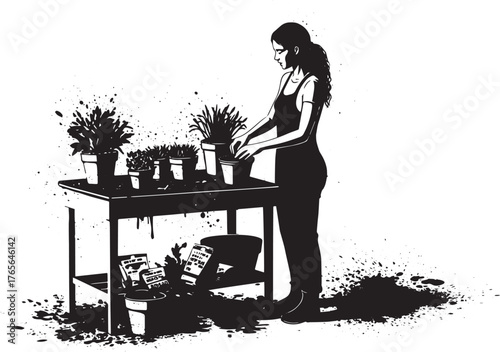 Stylized illustration of a woman tending to potted plants at a t