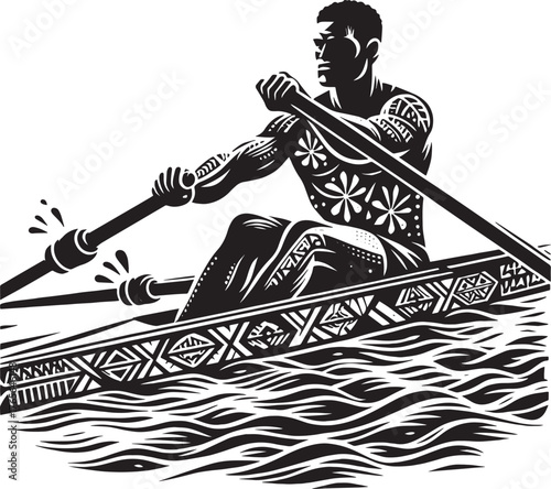 Black and white vector illustration of a rower in a boat with in