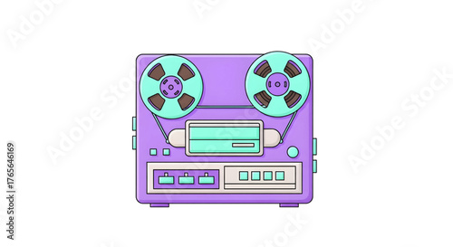 A cartoon illustration of a vintage reel-to-reel tape recorder in pastel colors, featuring two reels and a control panel.