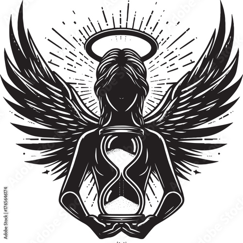 Intricate Black and White Illustration of an Angelic Figure Hold