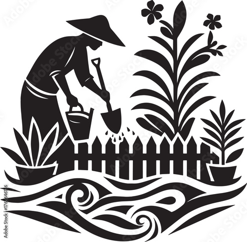 Illustration of a gardener working in a garden with plants, a fe
