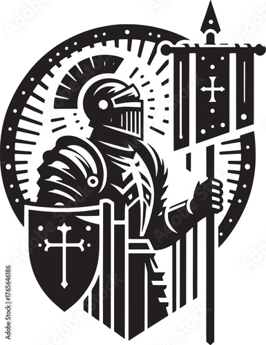 A monochrome illustration of a medieval knight holding a banner