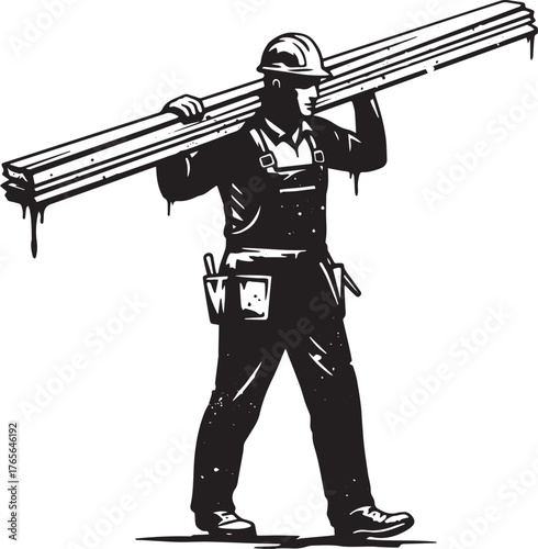 Monochrome construction worker carrying wood planks over his sho