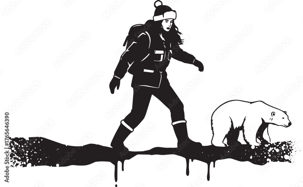 Fototapeta premium Arctic encounter: Woman and polar bear traverse a melting landsc