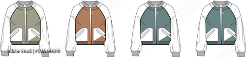Flat Sketch Design Concept of Unisex Bomber Jackets in Multiple Color Variations, Showcasing Modern Apparel Technical Drawings for Fashion Industry Prototypes