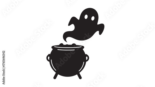 Halloween cauldron with ghost spooky vector illustration for holiday design isolated