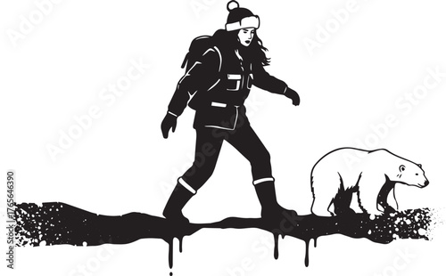 Arctic encounter: Woman and polar bear traverse a melting landsc