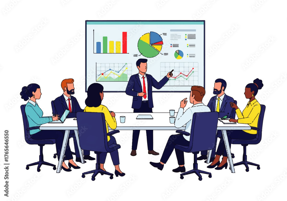 Fototapeta premium Dynamic team strategizing with data charts during a vibrant business meeting, promoting success and collaboration in a modern, professional environment