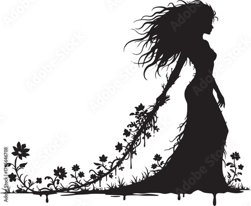 Ethereal emerald woman silhouette amidst flowing verdant tresses