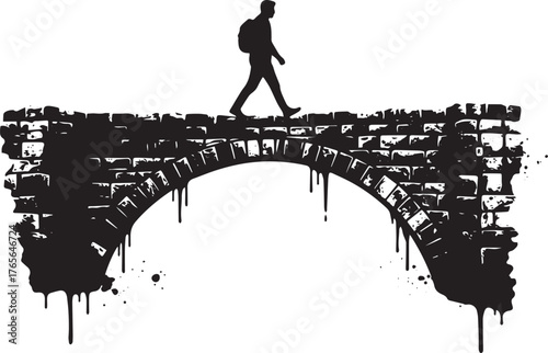 Silhouette man walking old brick bridge monochrome illustration