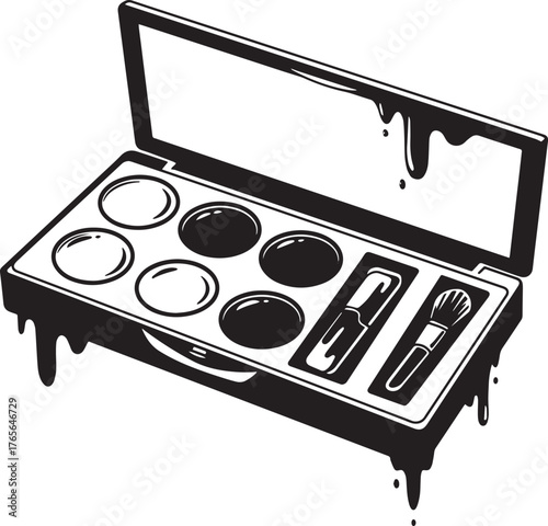Monochrome graphic illustration of a makeup palette with drippin