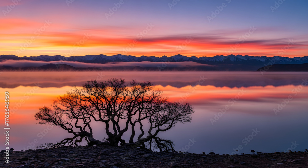 Obraz premium Leafless Tree Reflected in Sunset Lake with Mist and Snow-Capped Mountains – Landscape Still Life Representing Solitude, Natural Contrast, and Emotional Stillness