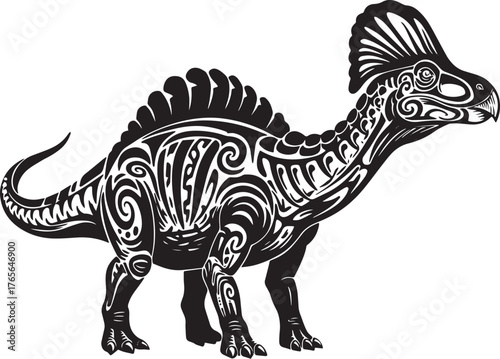 Monochrome stylized maiasaura illustration with ornate tribal pa