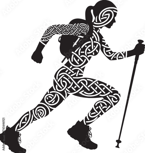 Silhouette of a woman hiking with a backpack and trekking pole,