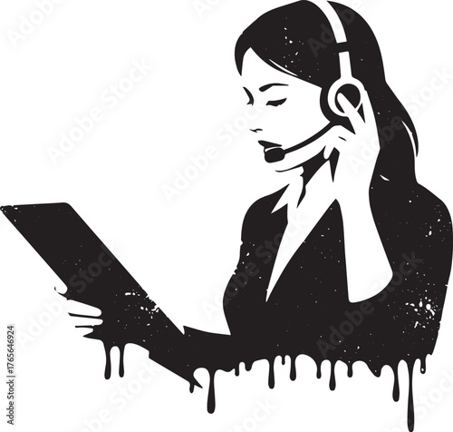 Graphic silhouette illustration of a woman working in a call cen