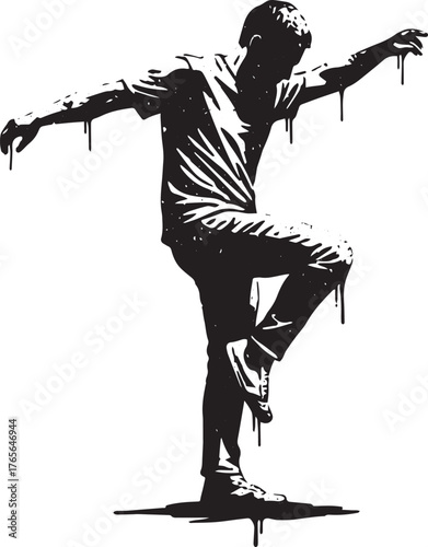 Stylized black and white figure balancing on one leg in graphic