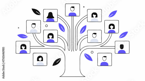 A central tree symbolizing growth with branches extending outward as digital pathways connecting various user avatars engaged in video calls symbolizing community and