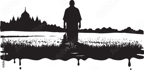 Silhouette of a serene journey: Man walking towards a distant pa