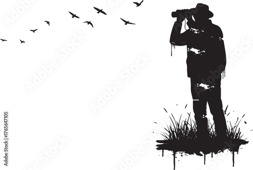 Silhouette of a man observing birds through binoculars with arti