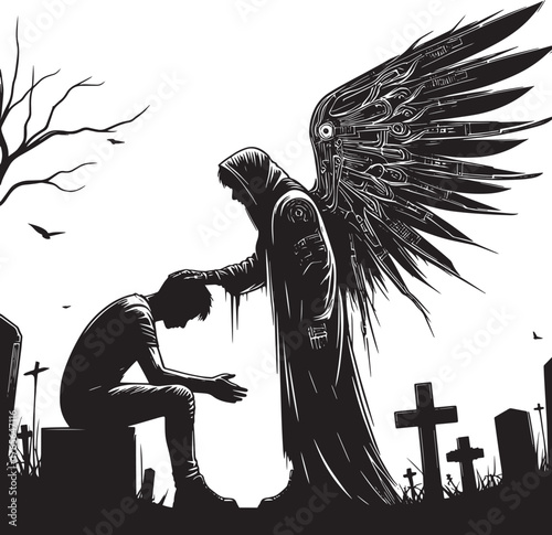 An angel comforting a person in a graveyard, a symbol of hope in