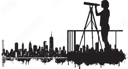 Silhouette of a woman with telescope overlooking a cityscape pan