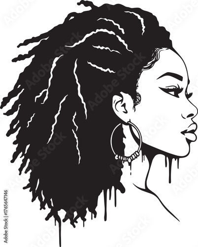 Elegant monochrome artwork featuring a woman with styled locs an