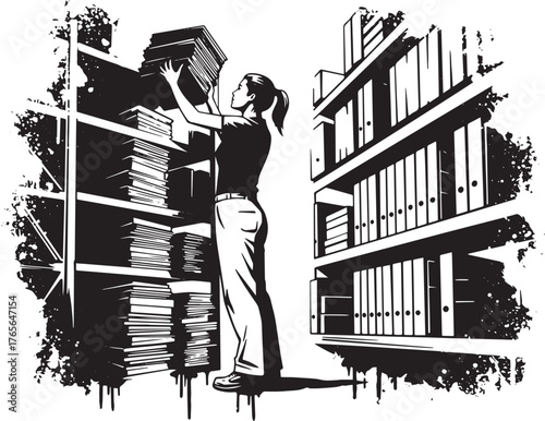 Monochrome illustration of a woman stacking books on shelves in