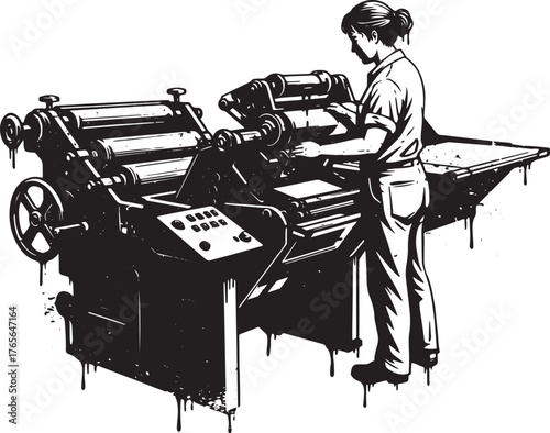Monochromatic depiction showcases a woman operating a complex pr