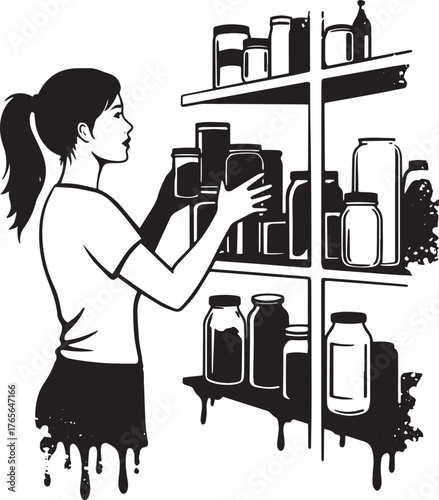 Monochrome illustration depicting a woman reorganizing a storage