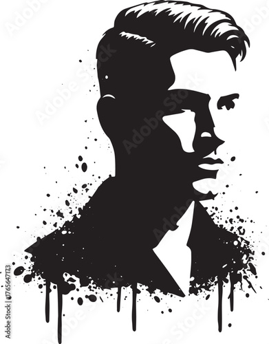 Monochrome portrait of a man with stylish hair and splashed pain