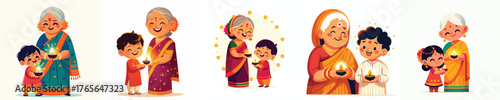vector of an indian grandmother and grandson celebrating diwali