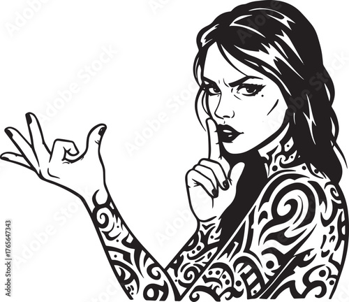 Intriguing tattooed woman illustration, emphasizing silence and