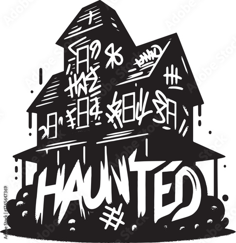 Creepy haunted house illustration in black and white with graffi