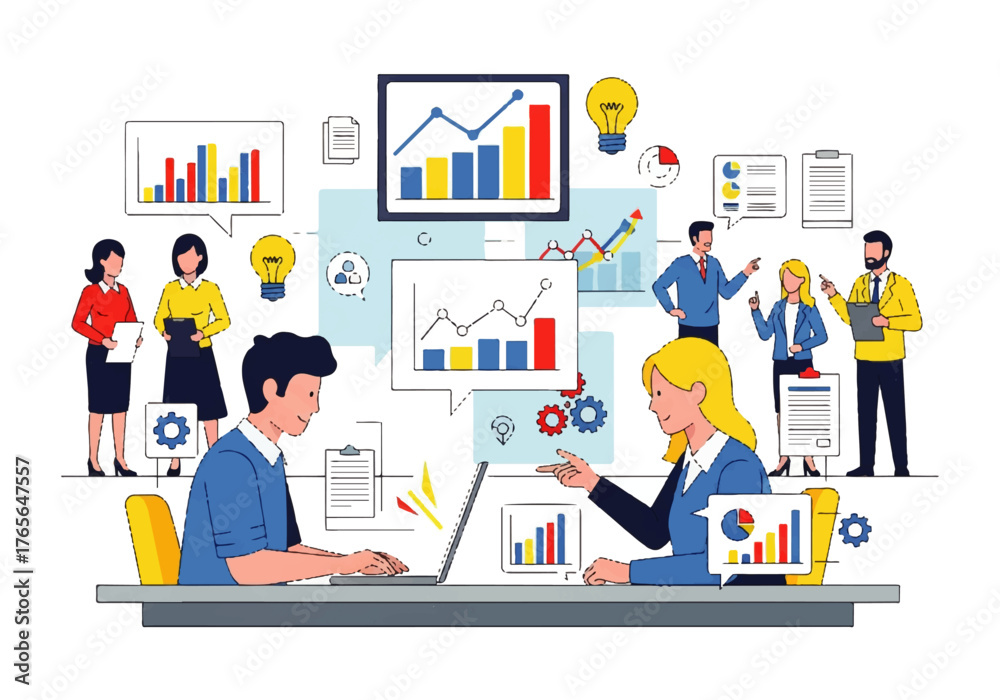 Fototapeta premium Diverse Business Team Analyzing Data and Working on Reports in a Dynamic Office Environment.