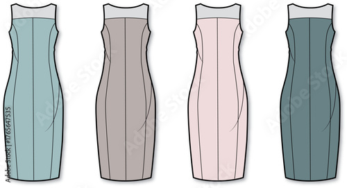 Elegant sleeveless sheath dress technical flat sketch set. Vector fashion design template with four colorway options for apparel mockups