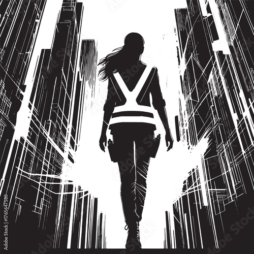 Silhouette of a woman walking through a cityscape wearing a safe