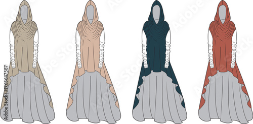 Fantasy character costume design featuring a hooded robe with long sleeves, shown in four color variations