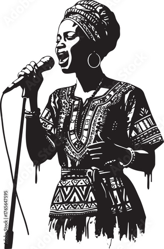 Monochrome illustration featuring a woman performing with passio