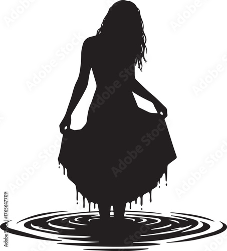 Silhouette of a mysterious woman standing in rippling water, cre